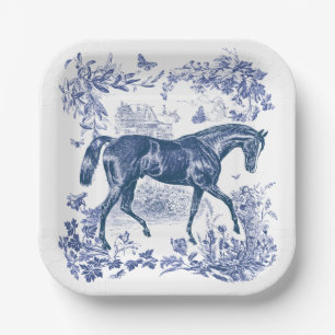 Elegant Vintage Rustic Blue Horse Floral Toile Paper Plate