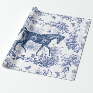 Elegant Vintage Rustic Blue Horse Floral Toile Wrapping Paper