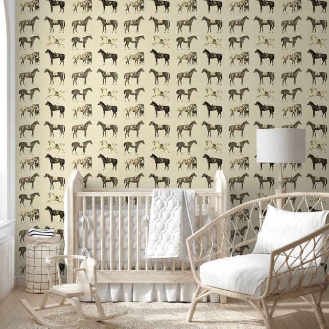 Elegant Vintage Saddled Horses Brown Beige Wallpaper (Kids)