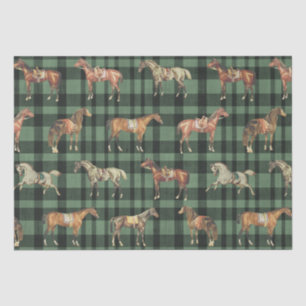 Elegant Vintage Saddled Horses Green Plaid Tissue Paper