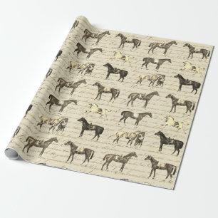 Elegant Vintage Saddled Horses on Beige Script Wrapping Paper