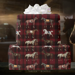 Elegant Vintage Saddled Horses Red Plaid Wrapping Paper