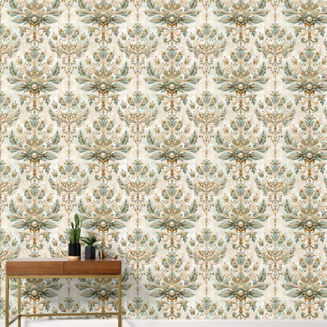 Elegant Vintage Sage Green and CreamDamask Wallpaper (Hallway)