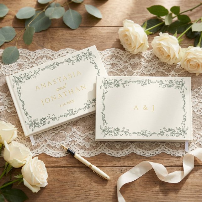 Elegant Vintage Sage Green Monogram Wedding  Guest Book (Creator Uploaded)
