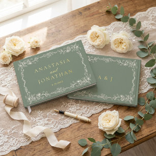 Elegant Vintage Sage Green Monogram Wedding  Guest Book