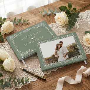Elegant Vintage Sage Green Photo Wedding  Guest Book