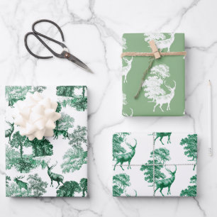 Elegant Vintage Sage Green Toile Deer Woods Wrapping Paper Sheet