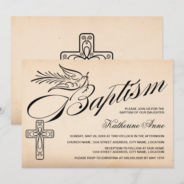 Elegant Vintage Script Cross and Dove Baptism Invitation (Front/Back)