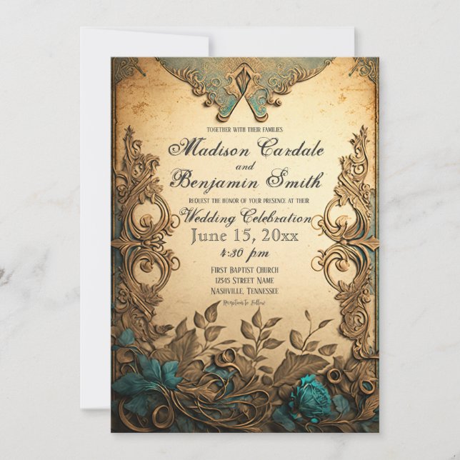 Elegant Vintage Scrollwork Rustic Wedding Invitation (Front)