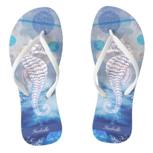 Elegant Vintage Seahorse Blue Ocean Waves Name Jandals