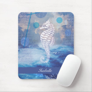 Elegant Vintage Seahorse Blue Ocean Waves Name Mouse Pad