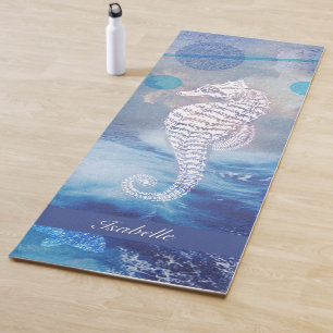 Elegant Vintage Seahorse Blue Ocean Waves Name Yoga Mat