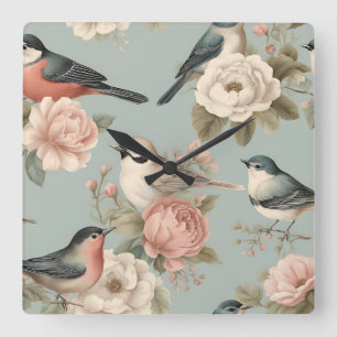 Elegant Vintage Shabby Chic Cottagecore Floral Square Wall Clock