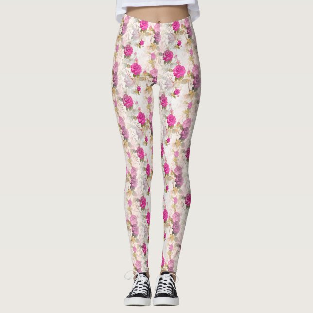 Elegant Vintage Shabby Chic Purple Roses Leggings (Front)