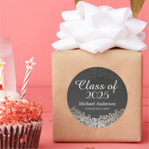 Elegant Vintage Silver Damask Class of Graduation Classic Round Sticker