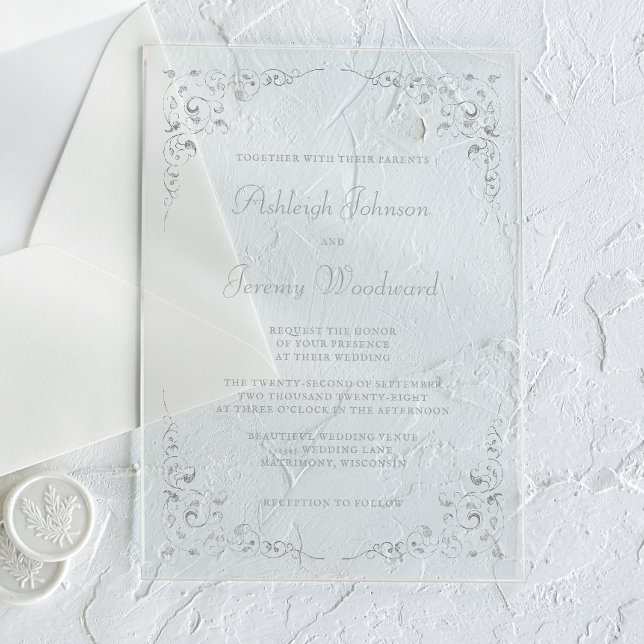 Elegant Vintage Silver Script Botanical Frame Acrylic Invitations (Creator Uploaded)