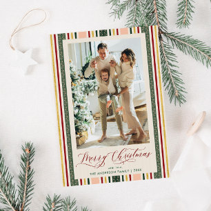 Elegant Vintage Stripes Merry Christmas Photo Holiday Card