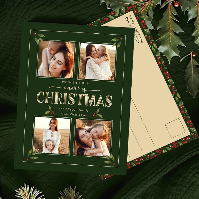 Elegant Vintage Style Merry Christmas 4-Photo  Holiday Postcard (Creator Uploaded)