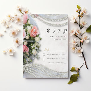 Elegant vintage style pink white rose pearl RSVP Invitation