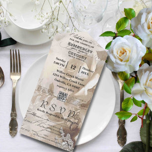 Elegant Vintage Style White Rose QR Code All In One Invitation