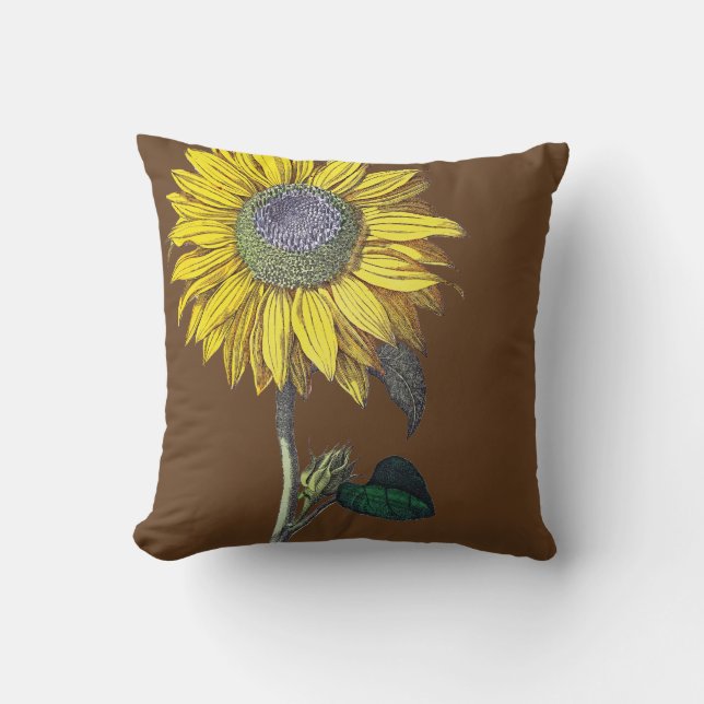 Elegant Vintage Sunflower Reversible Solid Brown Cushion (Front)