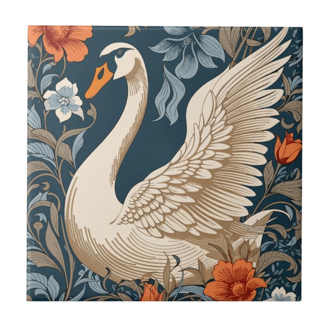 Elegant Vintage Swan William Morris Inspired Tile (Front)