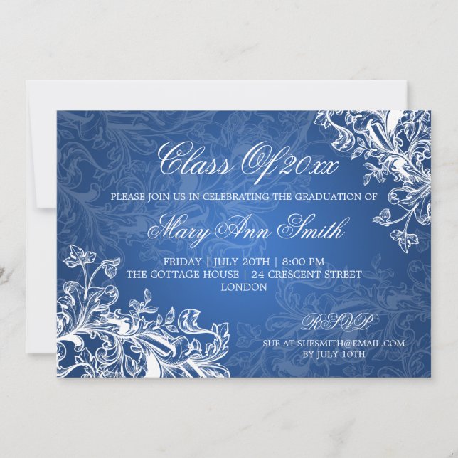 Elegant Vintage Swirls Graduation Party Blue Invitation (Front)