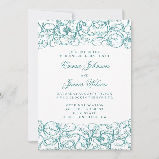 Elegant vintage swirls rococo wedding invitation (Front)