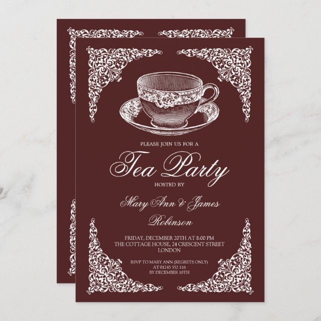 Elegant Vintage Tea Party Marsala Burgundy Invitation (Front/Back)
