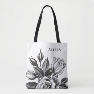 Elegant Vintage Tea Roses   Black and White Tote Bag