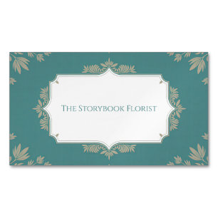 Elegant Vintage Teal & Beige Botanical Leaf Frame Magnetic Business Card