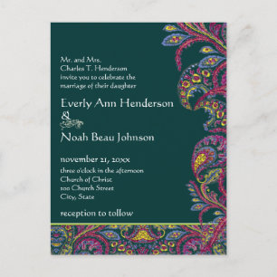 Elegant Vintage Teal Paisley Wedding Invitation Postcard