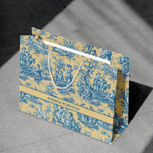 Elegant vintage teal yellow toile de jouy large gift bag