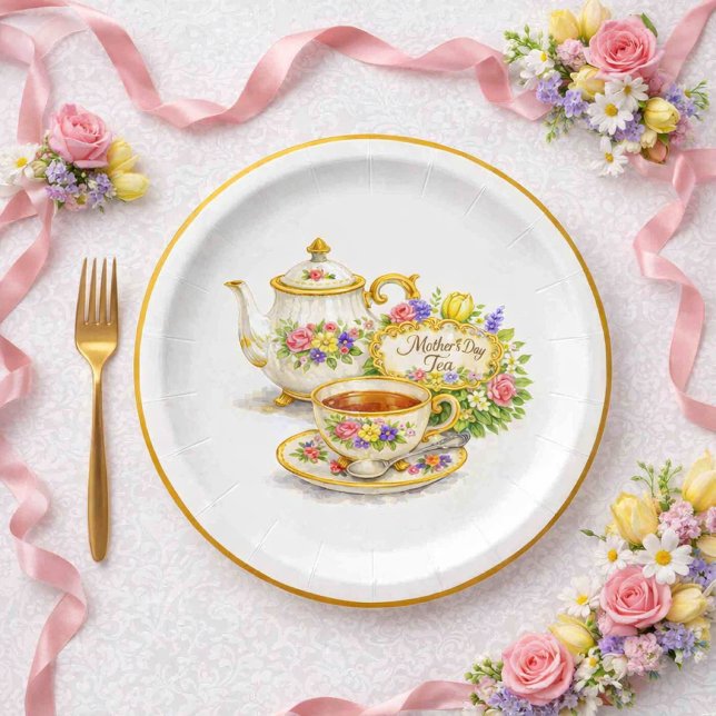 Elegant Vintage Teapot Teacup Mother's Day  Paper Plate (Creator Uploaded)