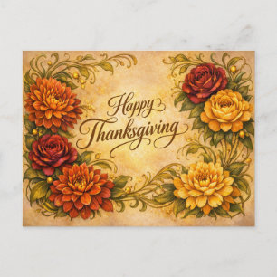 Elegant Vintage Thanksgiving Floral Scroll Design Holiday Postcard