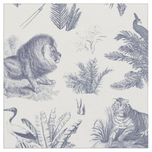 Elegant Vintage Tropical Animal Blue Toile Pattern Fabric