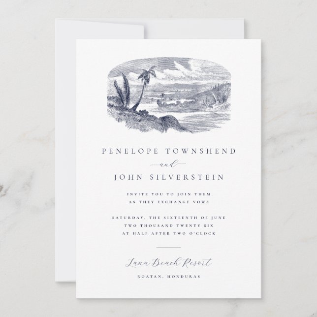 Elegant Vintage Tropical Beach Destination Wedding Invitation (Front)