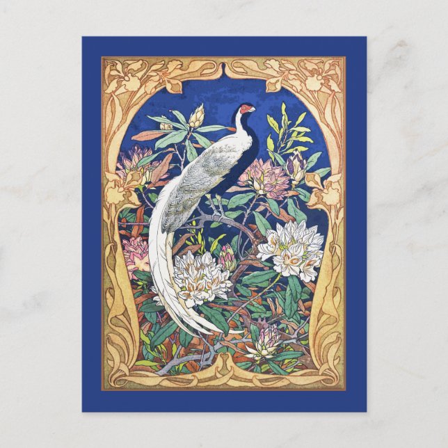 Elegant Vintage Tropical Bird and Flowers Blue Postcard (Front)