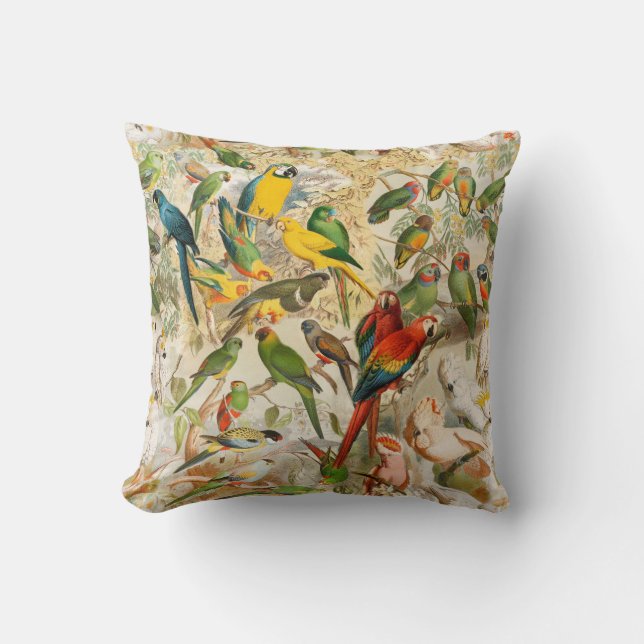 Elegant Vintage Tropical Birds Parrots Cushion (Front)
