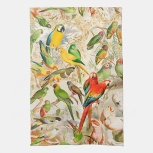 Elegant Vintage Tropical Birds Parrots Tea Towel