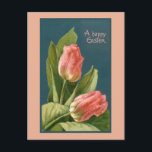 Elegant Vintage Tulips and Easter Greeting Postcard<br><div class="desc">Elegant and understated salmon-coloured tulips,  dark teal background and happy Easter greeting.</div>