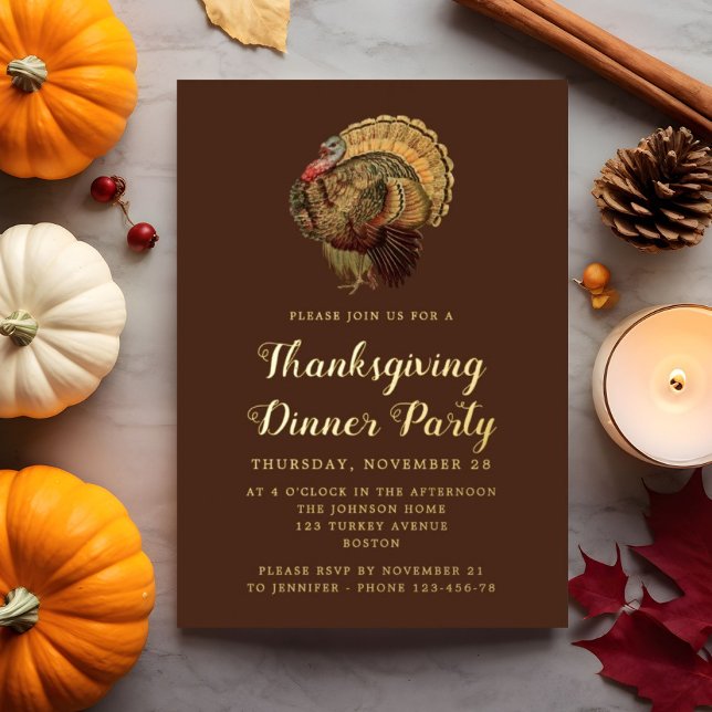 Elegant Vintage Turkey Thanksgiving Dinner Gold (Elegant Vintage Turkey Thanksgiving Dinner Gold Foil Invitation)