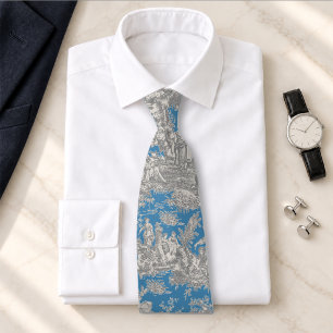 Elegant vintage turquoise toile de jouy printed tie
