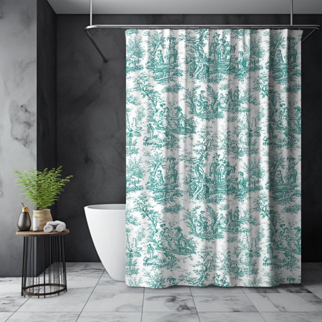 Elegant vintage turquoise toile de jouy shower curtain (Creator Uploaded)