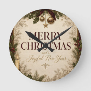 Elegant Vintage Victorian Christmas Greeting  Round Clock
