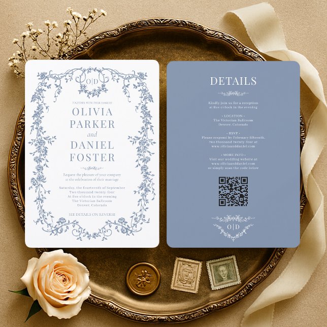 Elegant Vintage Victorian Dusty Blue Wedding Invitation (Creator Uploaded)