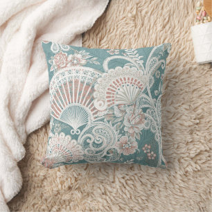 Elegant Vintage Victorian Fans Floral Lace Teal Cushion