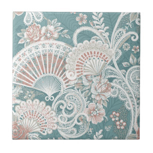 Elegant Vintage Victorian Fans Floral Lace Teal Tile
