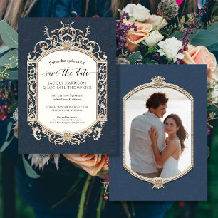 Elegant Vintage Victorian Navy and Gold Photograph Invitation