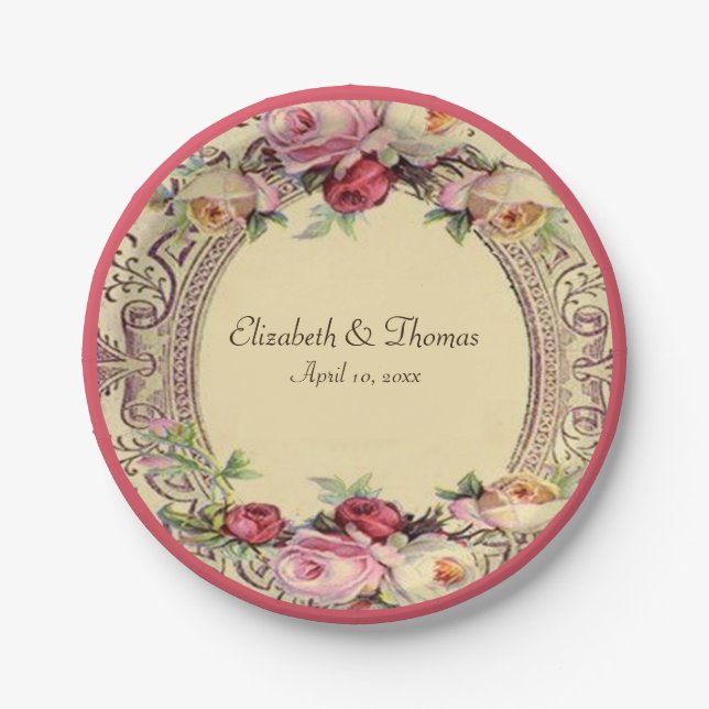 Elegant Vintage Victorian Pink Roses Paper Plate (Front)